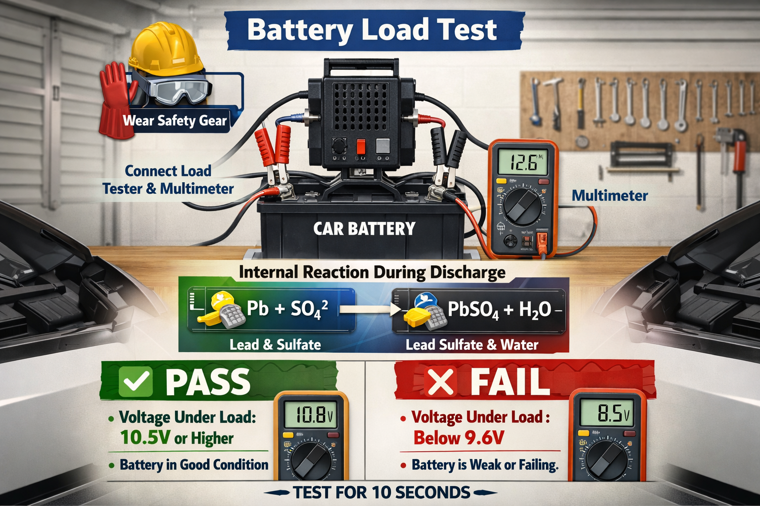 A detailed infographic illustrating a battery load test procedure, showing a multimeter connected to a car battery under a simulated load, w