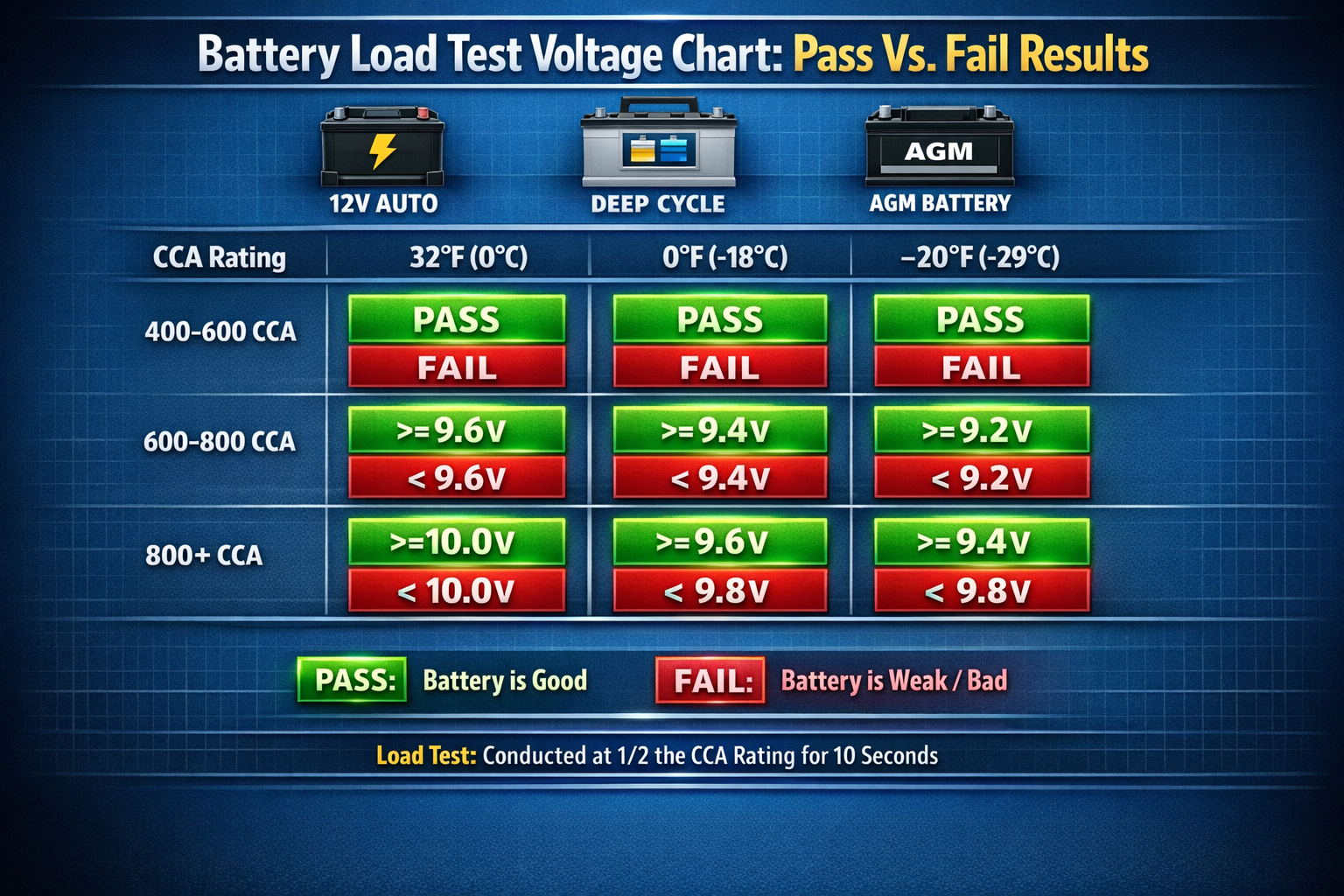 An informative and visually appealing chart titled 'Battery Load Test Voltage Chart: Pass Vs. Fail Results' for various battery types (12V a