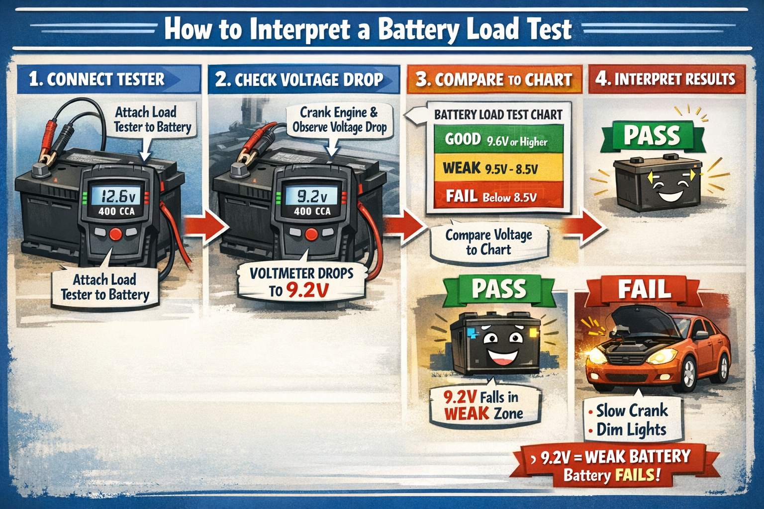 A step-by-step visual guide on how to interpret a Battery Load Test Voltage Chart, showing a sequence of images or an illustrated timeline f